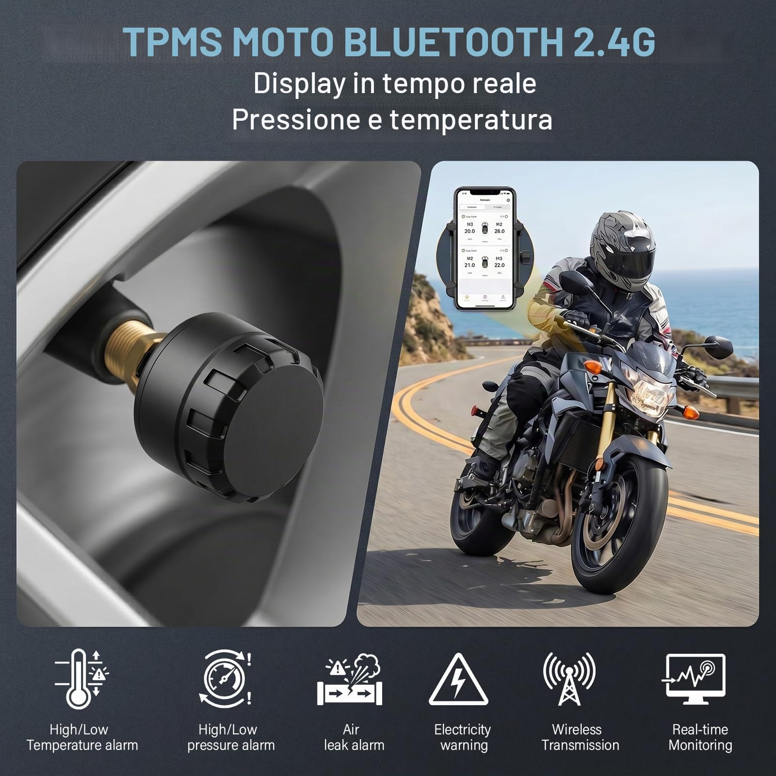 TPMS Moto Sistema Monitoraggio Pressione Pneumatici Bluetooth in Tempo Reale