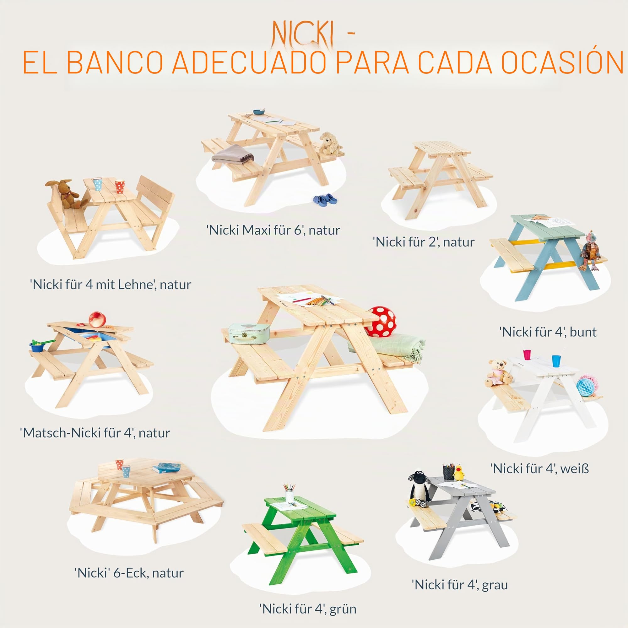 PINOLINO Nicki para 4 con respaldo juego de asientos para niños - madera maciza, 2 bancos, 1 mesa, ergonómico, natural, ideal para niños de 2 a 7 años, jardín y terraza