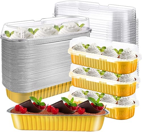 Miniatura 1 de JOYKLE Mini moldes para tartas con tapas, mini moldes para hornear, tazas largas de papel de aluminio, paquete de 50 mini moldes para pan con tapas,