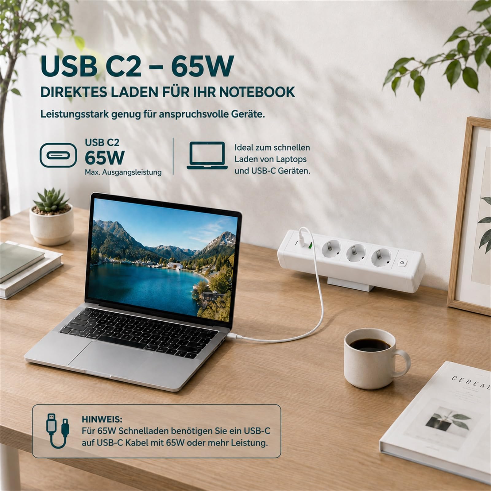 Tischsteckdose mit USB C 65W, Dinolink 3 Fach Steckdosenleiste mit 3 USB