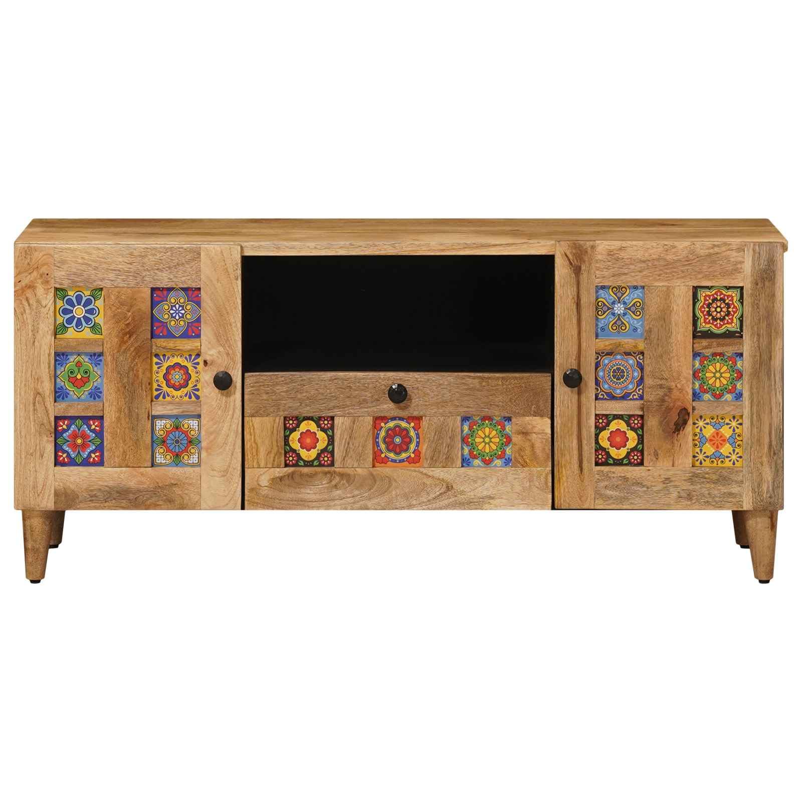 Mobile TV naturale 105 x 33,5 x 46 cm, in legno massiccio di mango | Con ante e cassetti, spazio per accessori multimediali, design moderno, per soggiorno