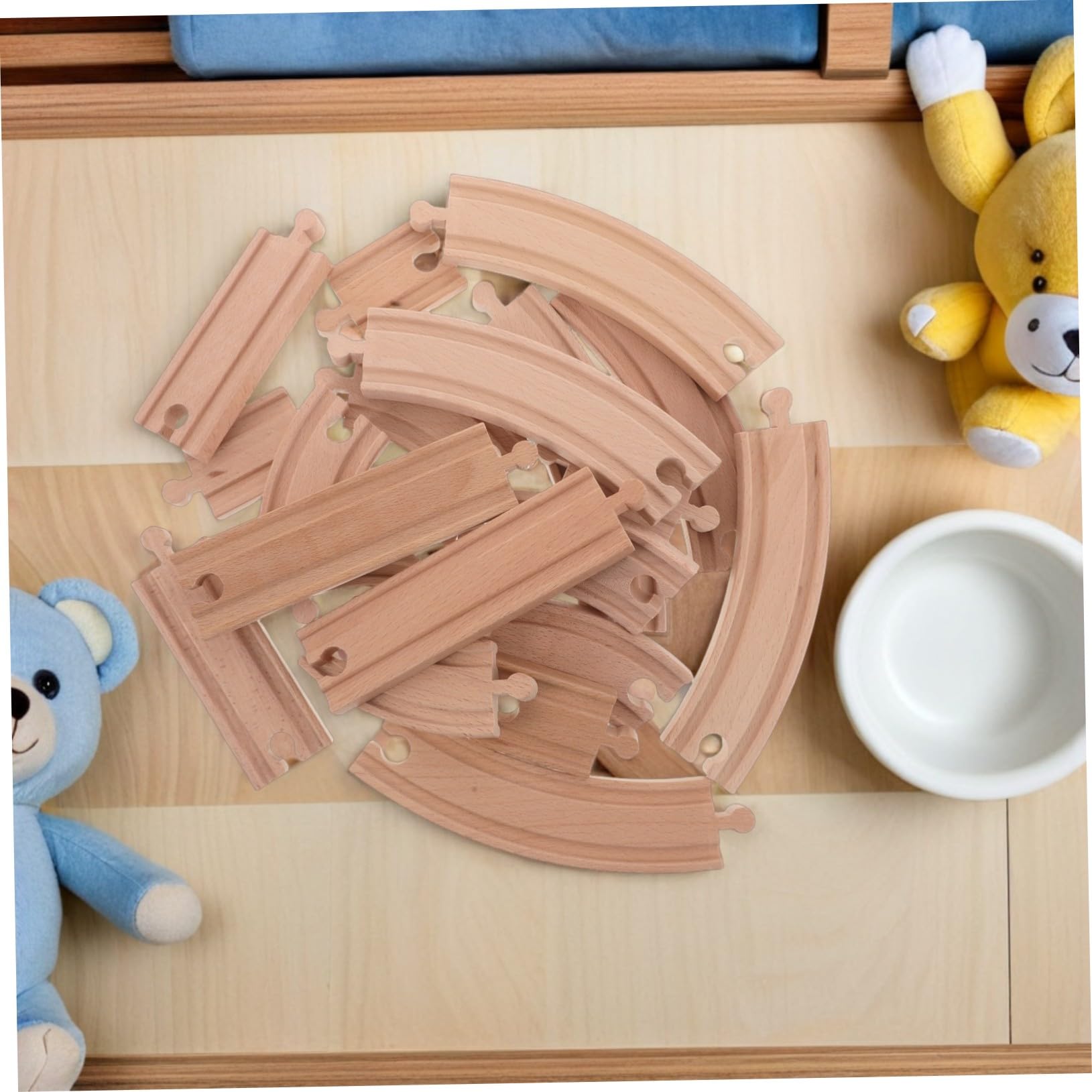HEMOTON Binari in Legno per Trenini, 20 Pezzi Beige, Curve e Dritte | Compatibili con Modellini Ferroviari, Pezzi di Giunzione Inclusi, Montaggio Creativo per Gioco Quotidiano
