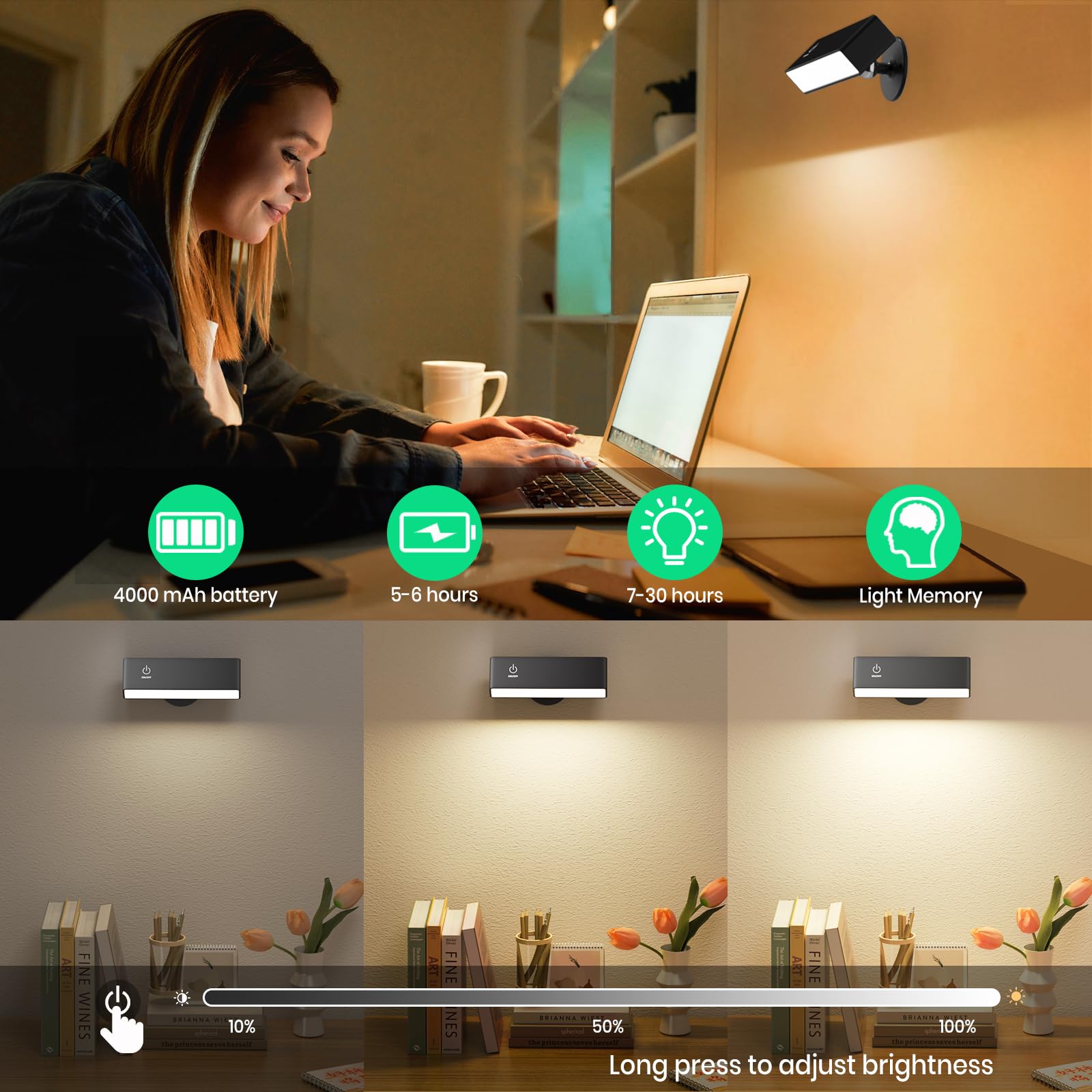 YiLaie 2 Pezzi Applique LED da Parete Interno, Lampada da Parete a LED Moderna con Ruotabile a 360°, Magnetica, Controllo Touch, Lampada Senza Fili, Lampada a Batteria, Applique Camera da Letto