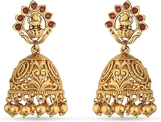 Antique Gold-Plated Indian Jhumka Earring for Women Brass CZ Temple Desi...