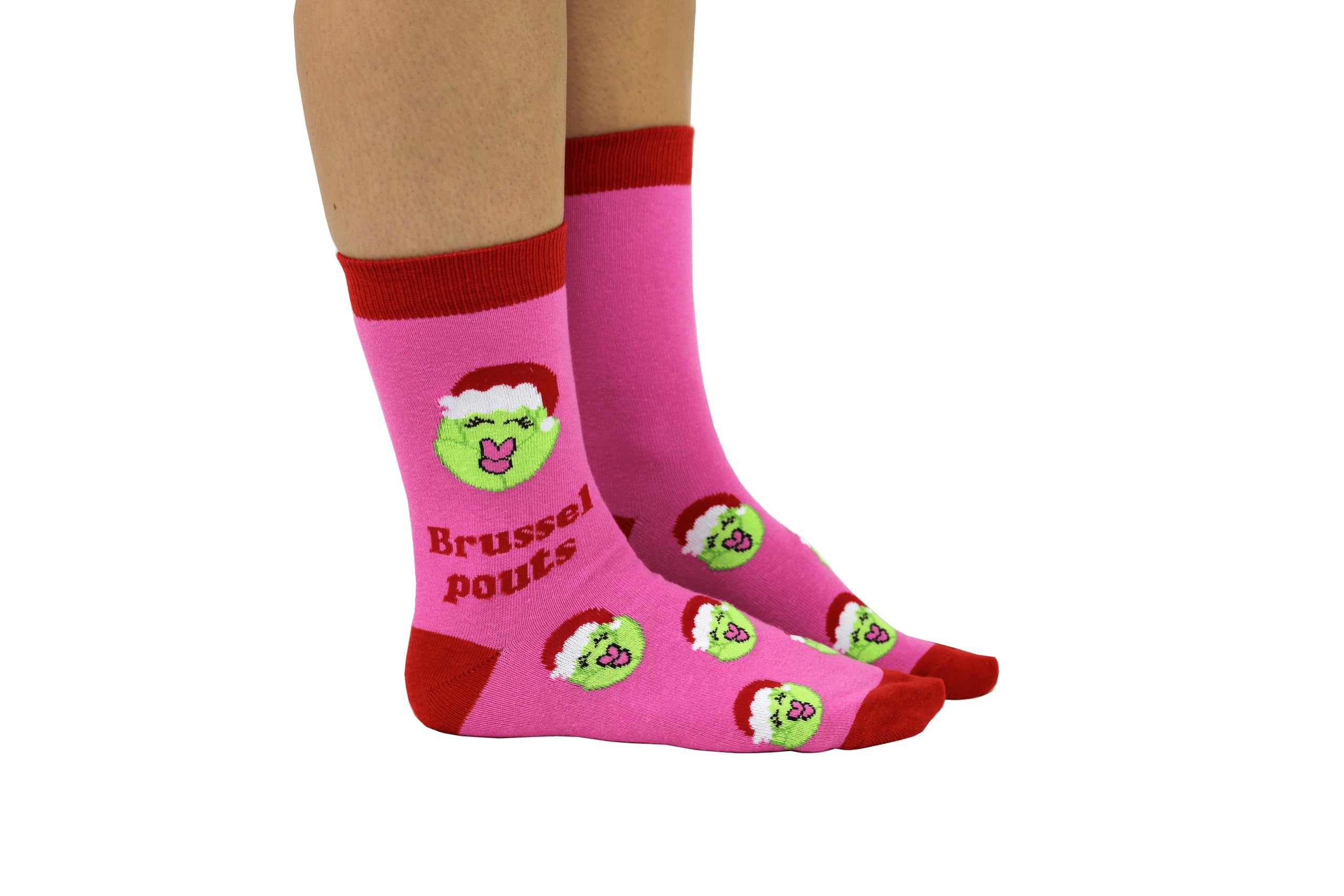 Cockney Spaniel Women's Pink With Green Brussel Pouts - 1 Pair Of Brussel Pouts - Christmas Socks Uk 4-8, Eur 37-42, Us 6.5-10.5