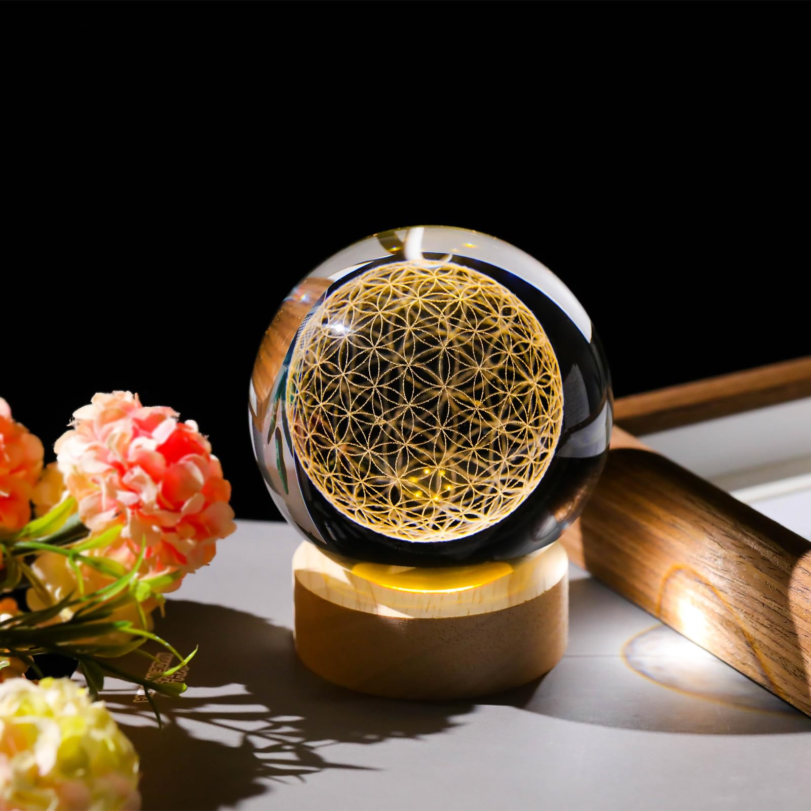 Arikyrist 3D Engraved Flower of Life Crystal Ball, Laser Engraved Grid Flower of Life Sphere Home Decoration, Crystal Engraved Sacred Geometry Glass Sphere Paperweight Ornaments Gifts for Men Women