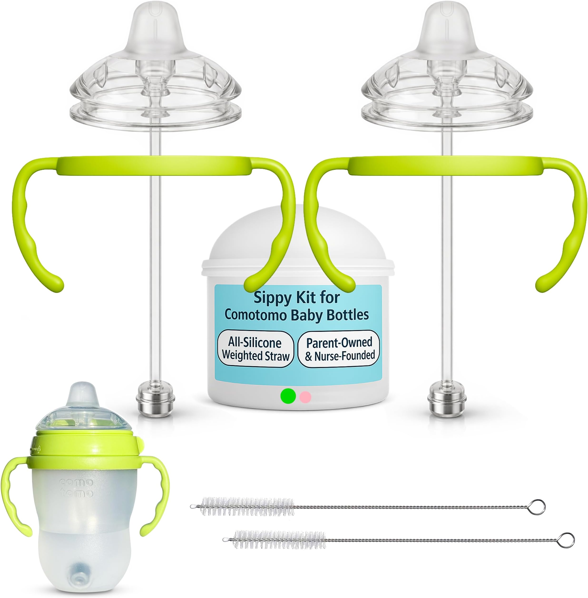 Sippy Cup Conversion Kit for Baby Bottles | 2-Count | with Weighted Straw, Bottle Handles and Straw Cleaning Brush | BPA-Free | Spill-Proof