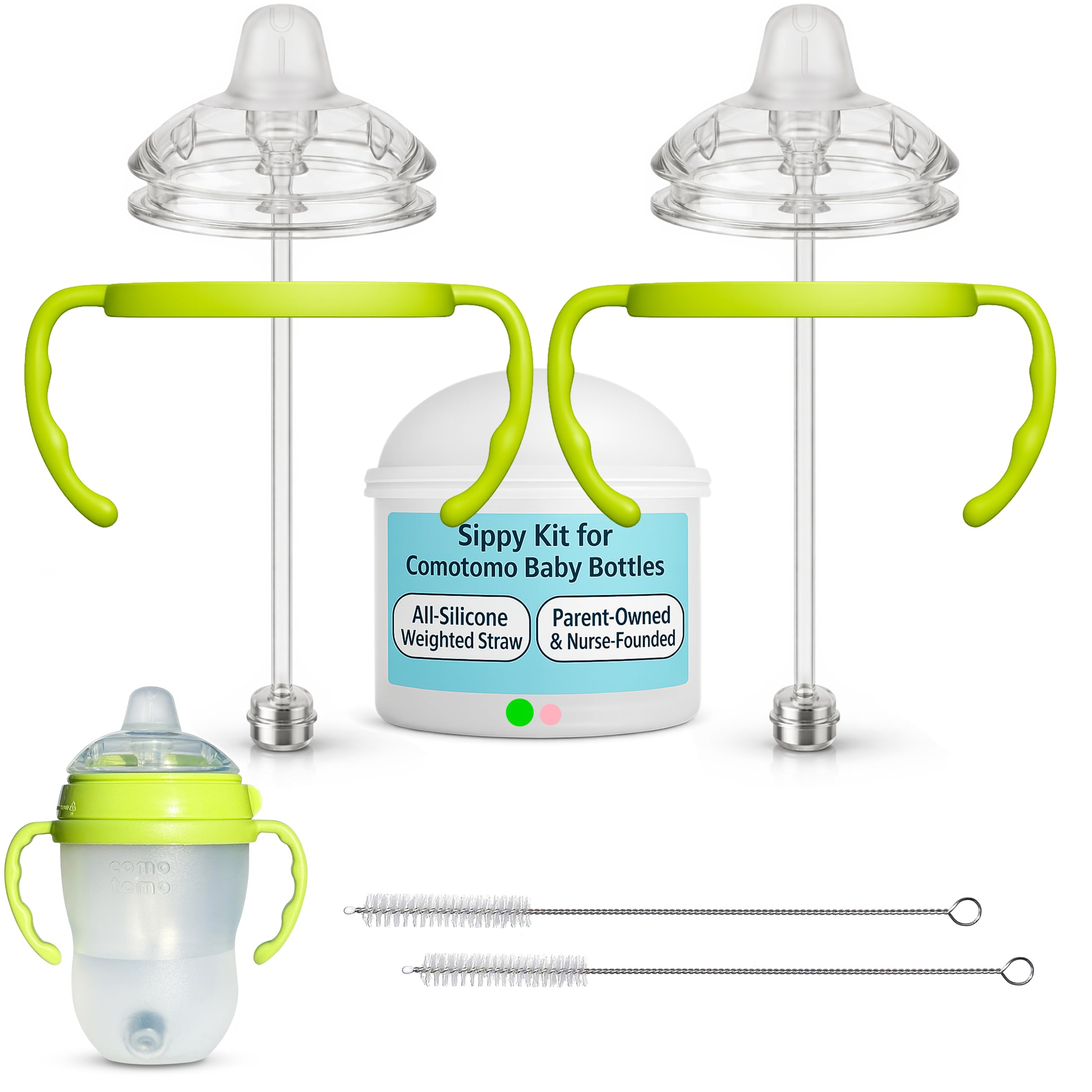 Sippy Cup Conversion Kit for Baby Bottles | 2-Count | with Weighted Straw, Bottle Handles and Straw Cleaning Brush | BPA-Free | Spill-Proof