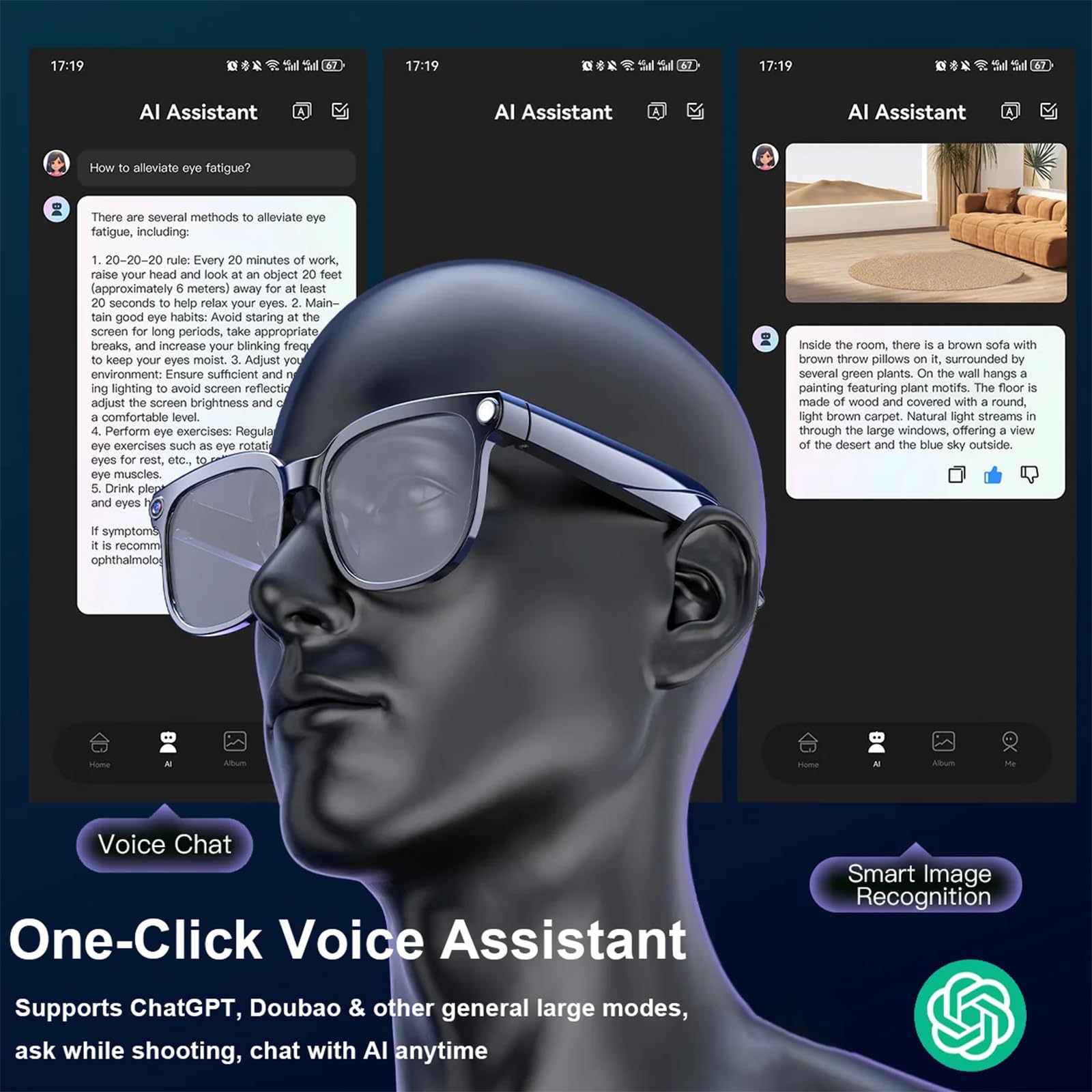 ULUCAN Gafas inteligentes con IA y cámara de 8 MP, gafas de sol con audio Bluetooth de oído abierto para hombres y mujeres, asistente de voz con IA, reconocimiento de objetos, traducción