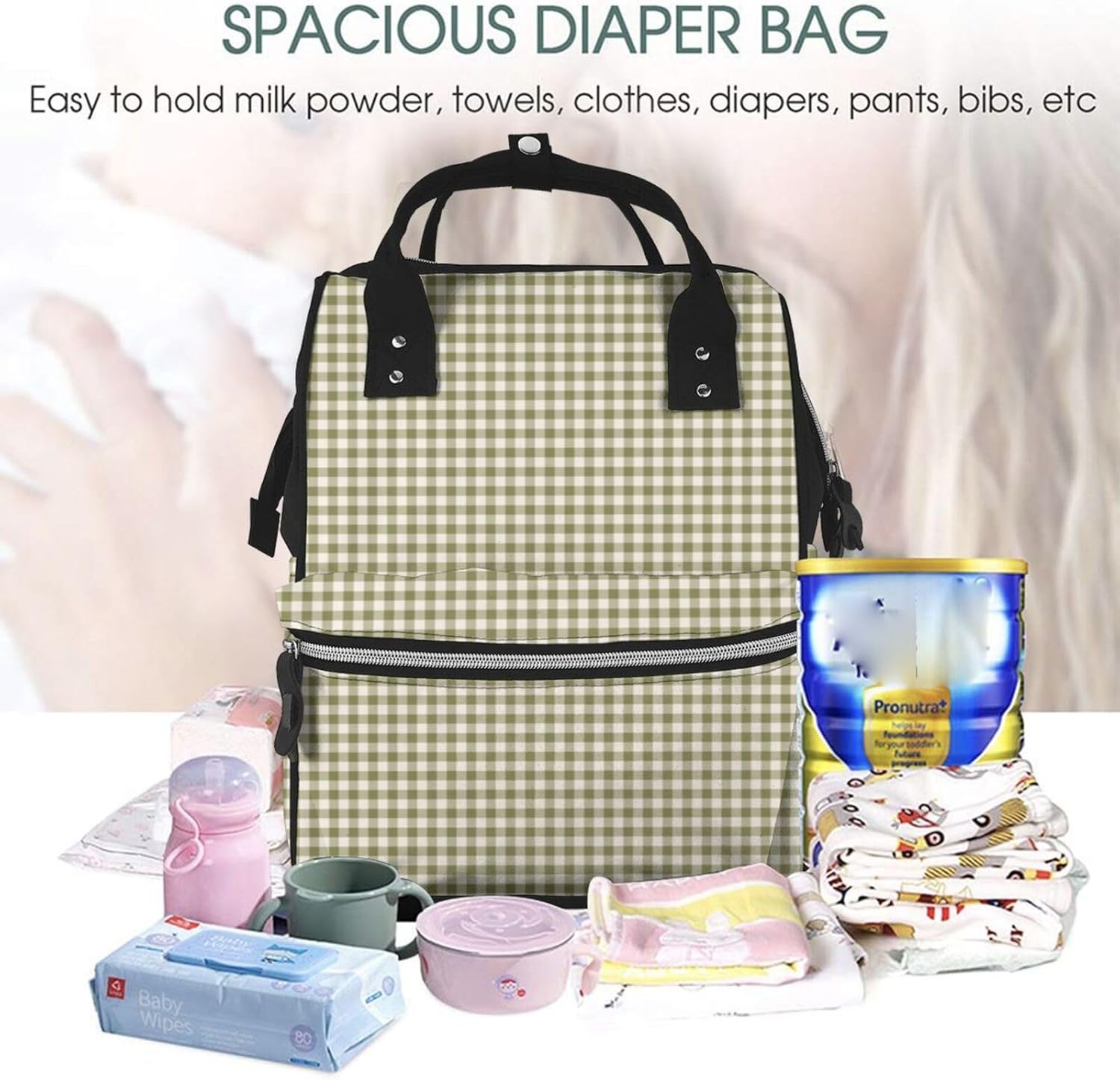 Cute Retro Olive Green Gingham Plaid Diaper Bag Backpack for Women, Large Capacity Waterproof Travel Bag with Stroller Straps
