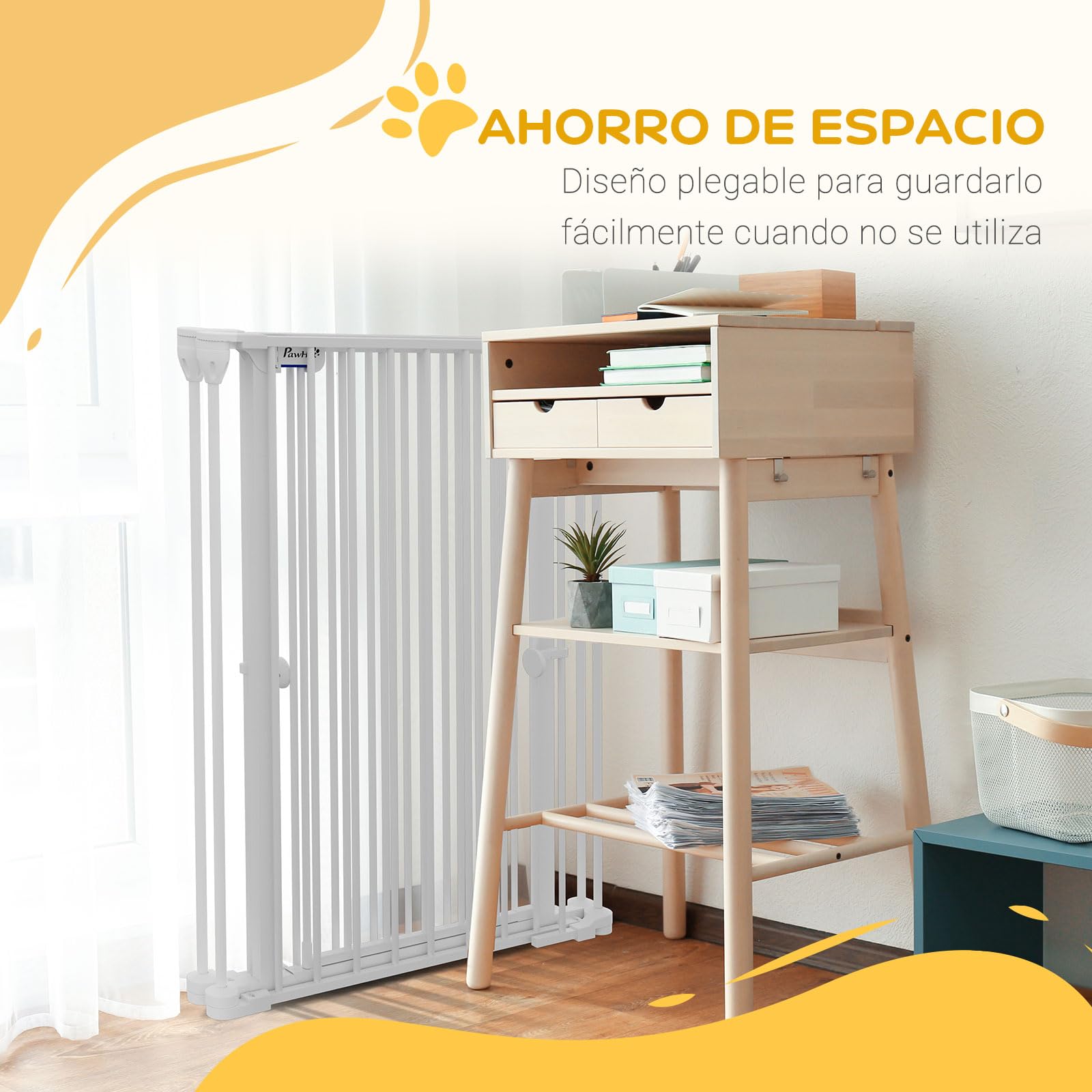 PawHut Barrera para Perros de Acero 206x90 cm Valla para Mascotas Plegable de 3 Paneles con Doble Cerradura y Función de Bloqueo Auxiliar para Puerta Pasillo Escalera Blanco