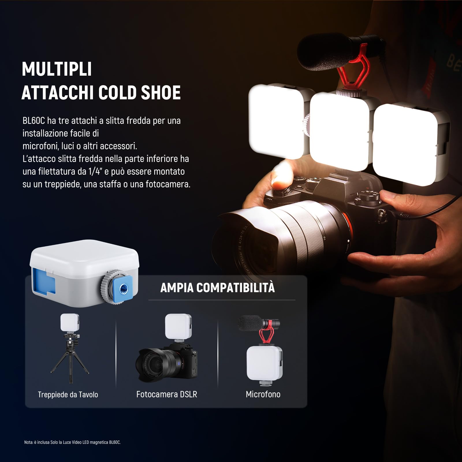 NEEWER BASICS Luce Video RGB Magnetica, Luci Fotocamera a Pannello LED Piccola Portatile a Colori 360°, 2500-9000K CRI96+ 18 Scene 3 Cold Shoe Batteria 2000mAh per Fotografia Streaming Ripresee, BL60C