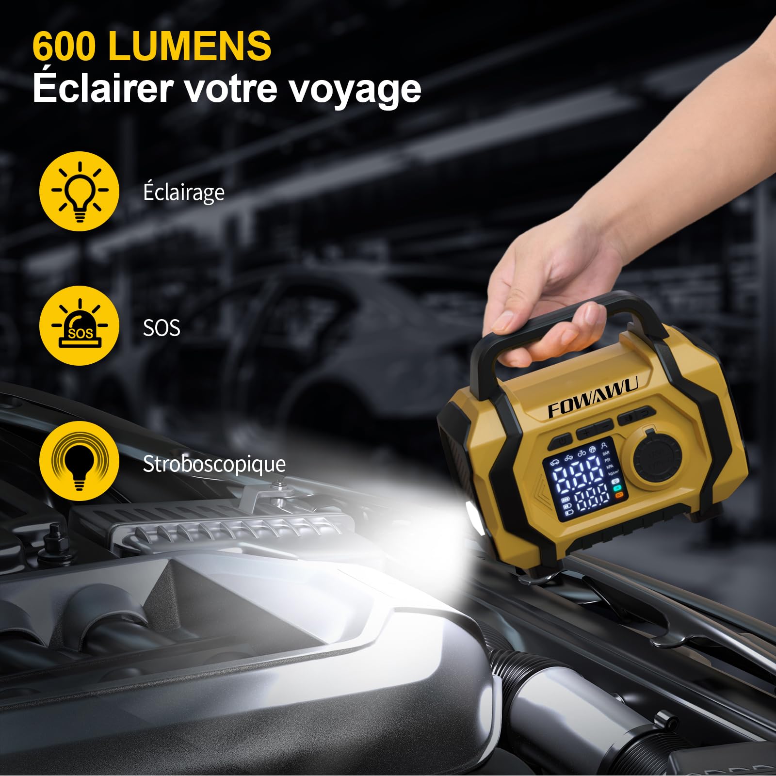FOWAWU Booster Batterie Voiture avec Gonfleur 9-en-1, Démarreur de Batterie 8000A 26800mAh(Jusqu'à All d'essence / 10 L de Diesel), Gonfleur Pneus Voiture 150psi Arrêt Automatique