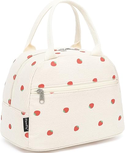 FlowFly Lonchera térmica para mujer, de pana, hielera para el trabajo, viajes, picnic, diseño de fresas color beige