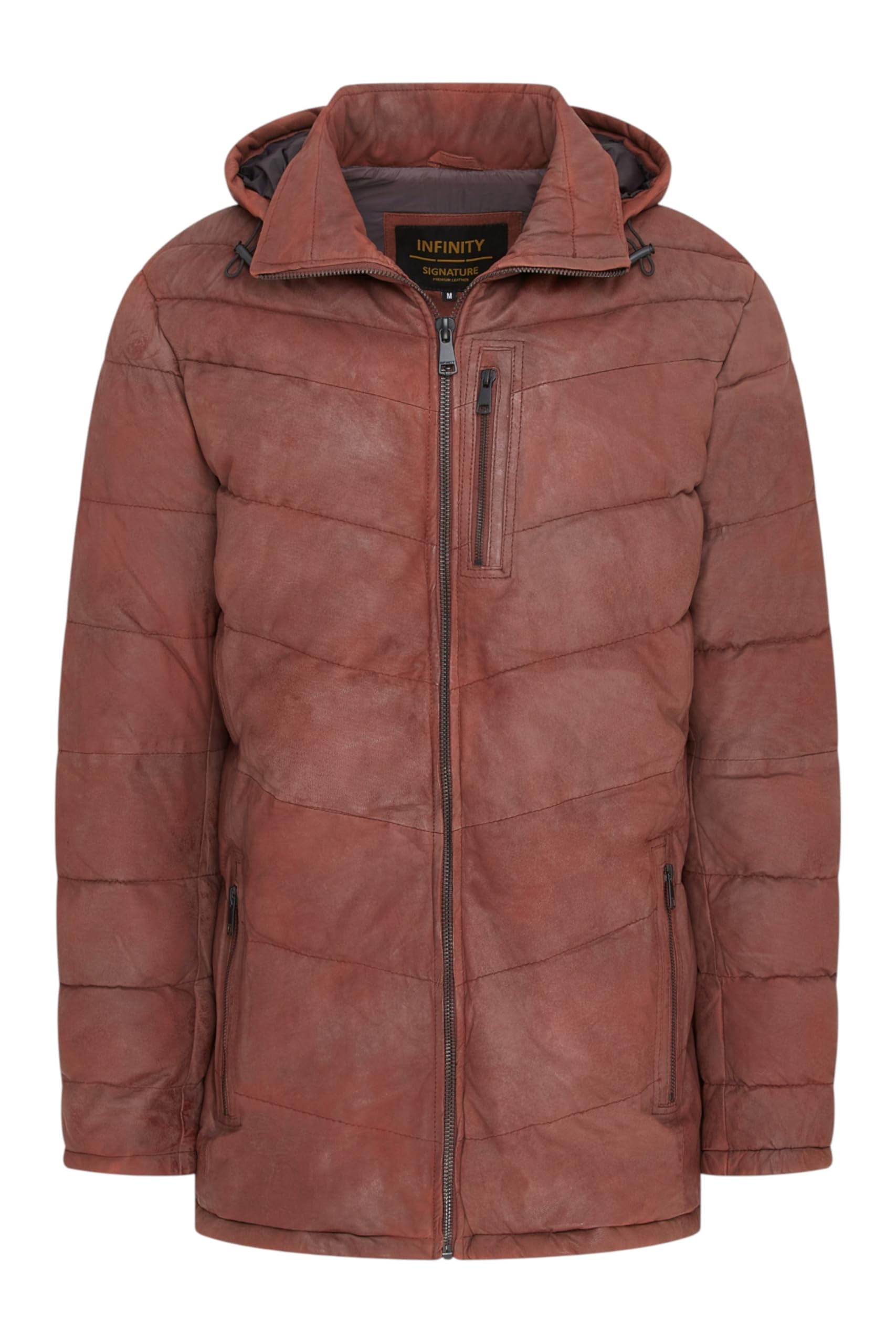 Infinity Leather Piumino da Uomo in Vera Pelle di Agnello con Cappuccio – Cappotto Invernale Trapuntato a Zig Zag Caldo Capospalla in Pelle Isolante con Cappuccio Rimovibile e 6 Tasche