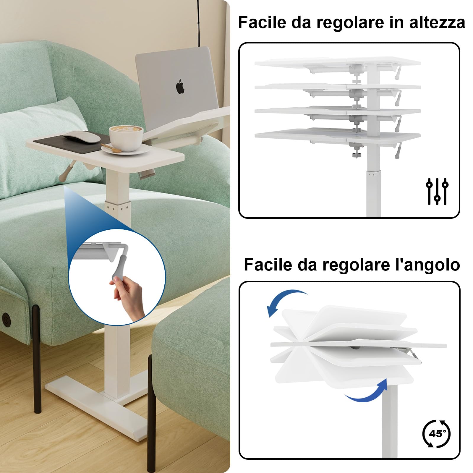 PUNCIA Tavolino da Laptop Scrivania per Computer 68x40 CM Regolabile in Altezza 70-102cm Tavolo da Letto con Ruote Tavolino Porte PC Porta Computer da Scrivania per Ufficio e Casa (Bianco)