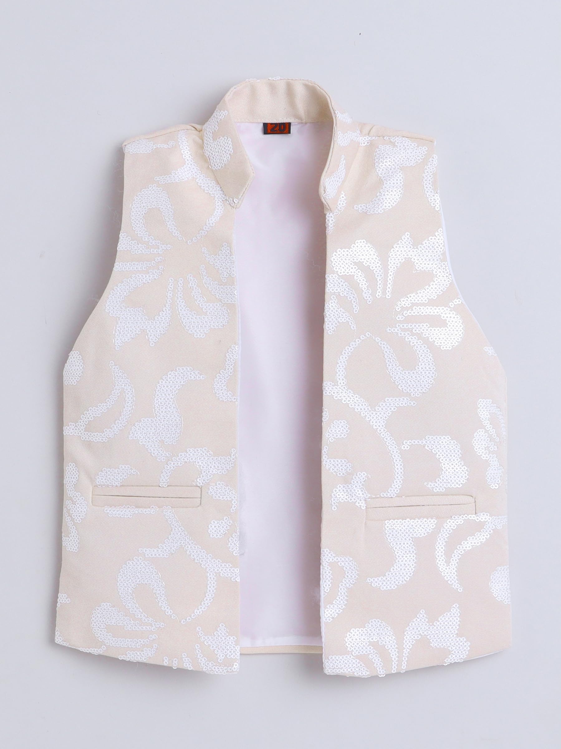 FOURFOLDS Boys Cotton Blend Sequins Embellished Sherwani Set- Beige 2