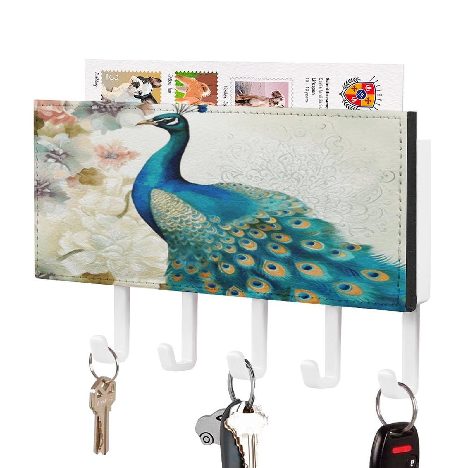 FekiLoot Beautiful Peacock and Floral Key Holder Wall Mount Key Hooks for Wall Decorative with 5 Hooks PU Mail Rack Organizer with Shelf for Entryway Mudroom Hallway Office 7.1X4.3 in