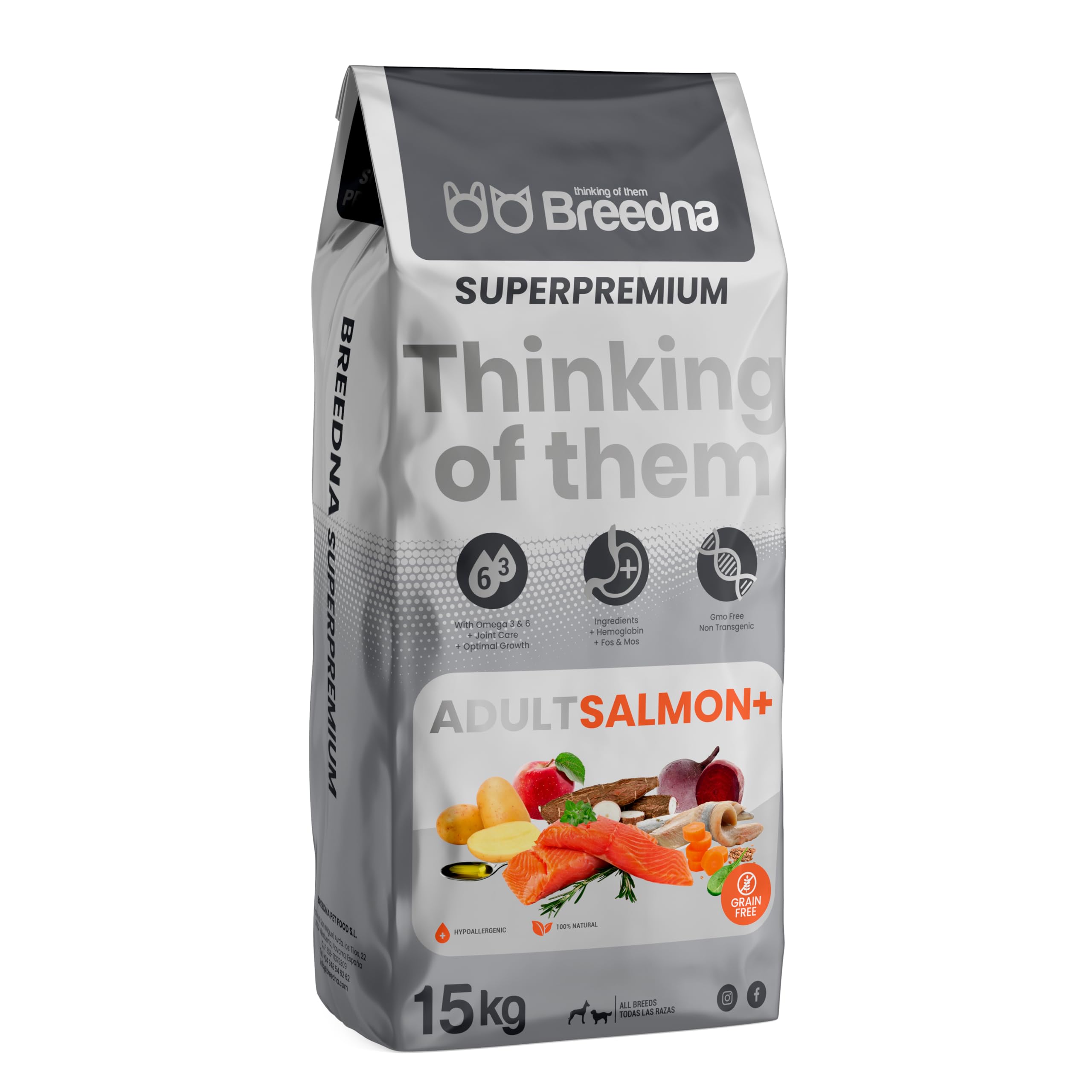 BREEDNA - Adult Salmon+ 15kg | Pienso Hipoalergénico para Perros con Salmón | 100% Natural para Todas Las Razas | Comida para Perros Adultos con antioxidantes | Comida para Perros para Pelo Brillante