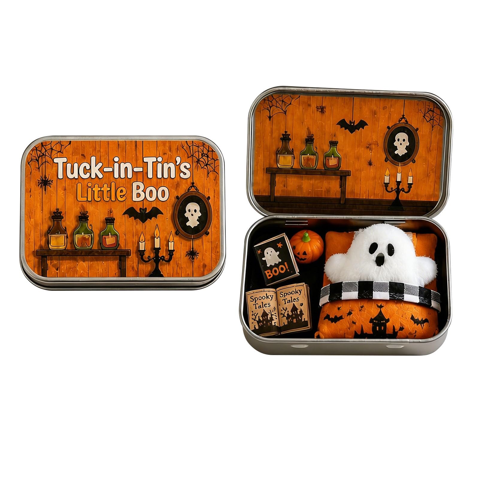 Mini Ghost Tin Box Set, Halloween Miniature Scene with Plush Ghost (A-2)