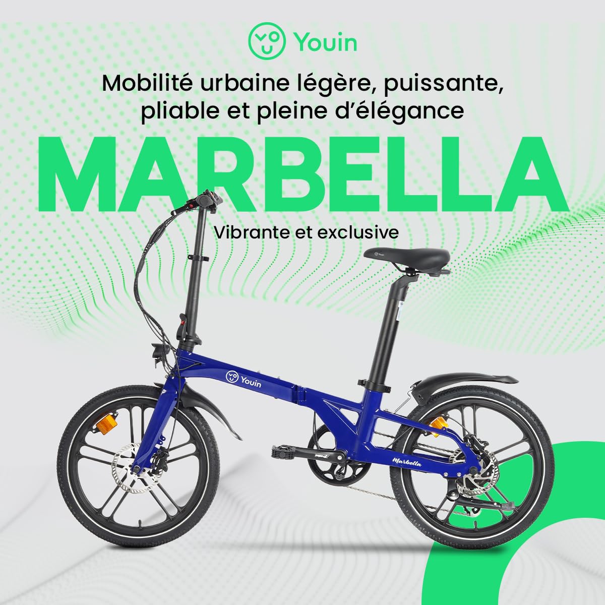 Youin Marbella Vélo électrique Pliant Urbain Bleu 20 Pouces Moteur 250W Batterie intégrée 36V autonomie 40 km Freins hydrauliques 7 Vitesses léger Compact.