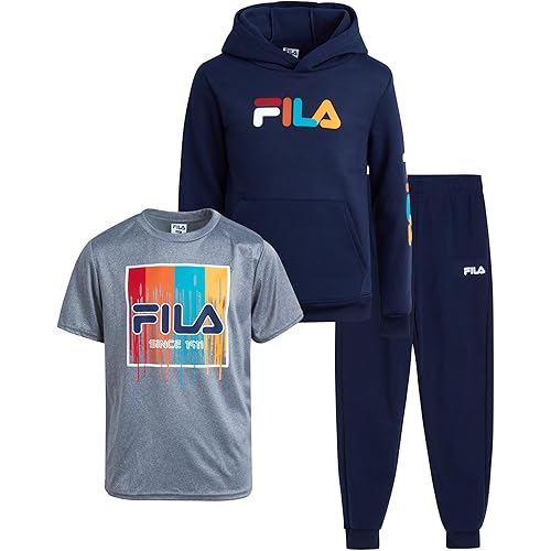 Fila Boys' Active Sweatsuit Set - 3 Piece Performance Hoodie Sweatshirt, Jogger Sweatpants, T-Shirt - Activewear Set (8-12)