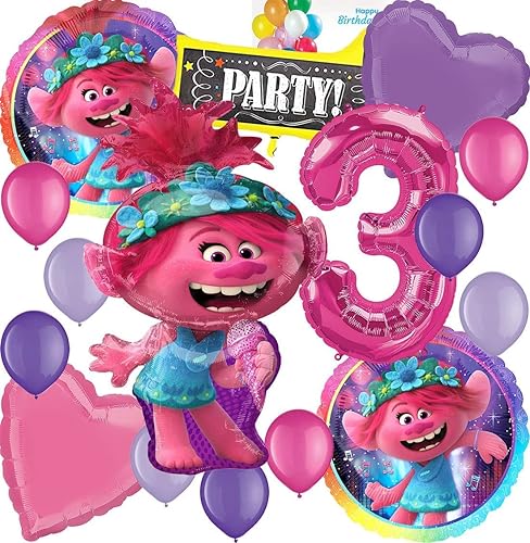 Amscan - Globos de papel de aluminio, para colección de fiesta de trolls, accesorio de fiesta, multicolor, 3er cumpleaños
