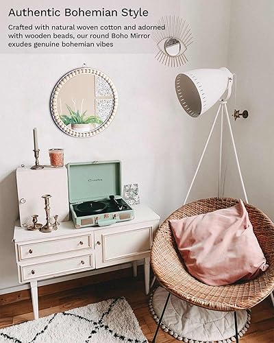 Miniatura 10 de Poeme Espejo circular bohemio montado en la pared, espejo redondo de madera, decoración de pared para baño, sala de estar, dormitorio, espejo