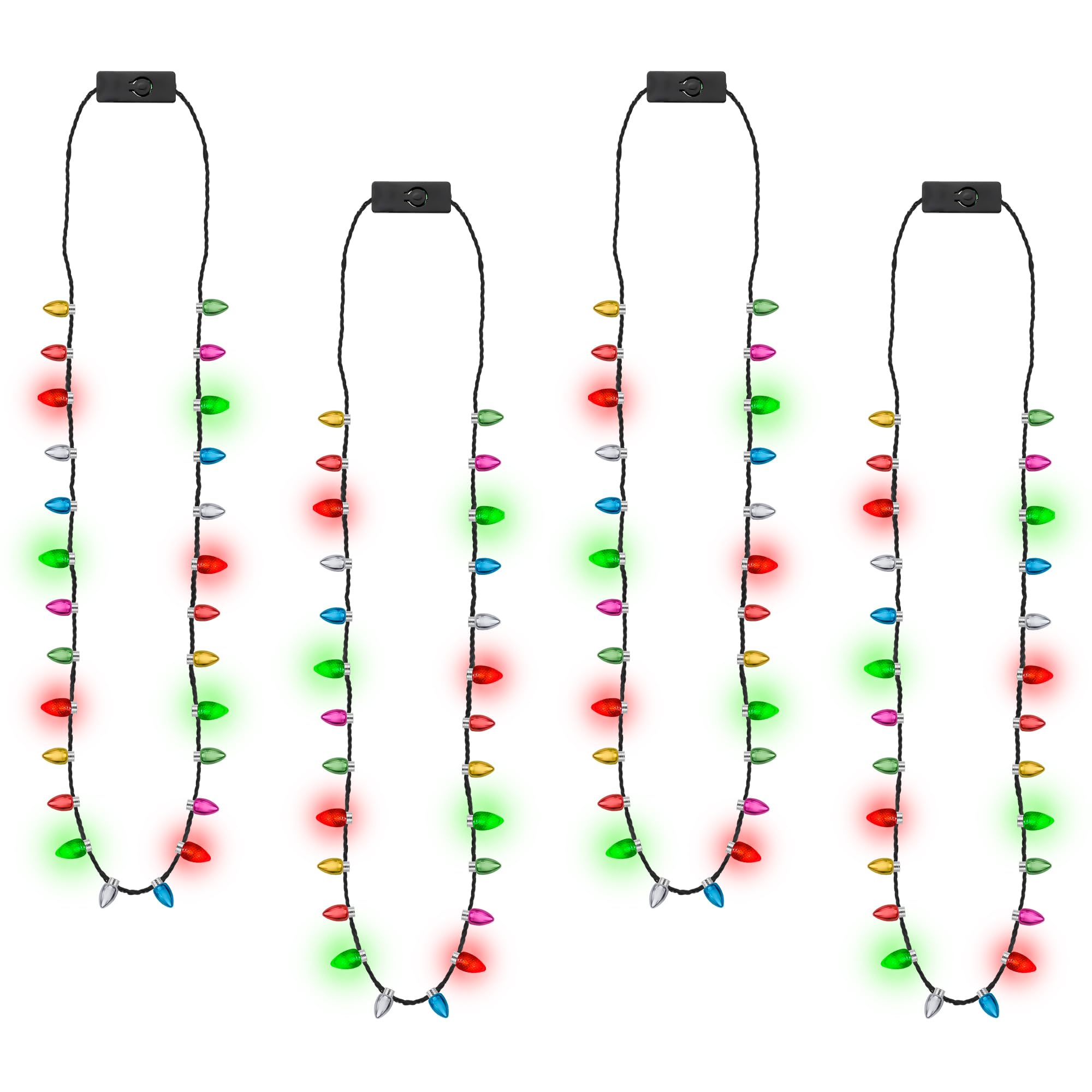 Light up Christmas Necklace, 4pcs Xmas Bulb Necklaces Accessories Bulk, Colorful Glow 3D Xmas Bulb Necklaces Decor, 3 Modes Light Necklace Decor for Ugly Sweater New Year Family Party Supplies