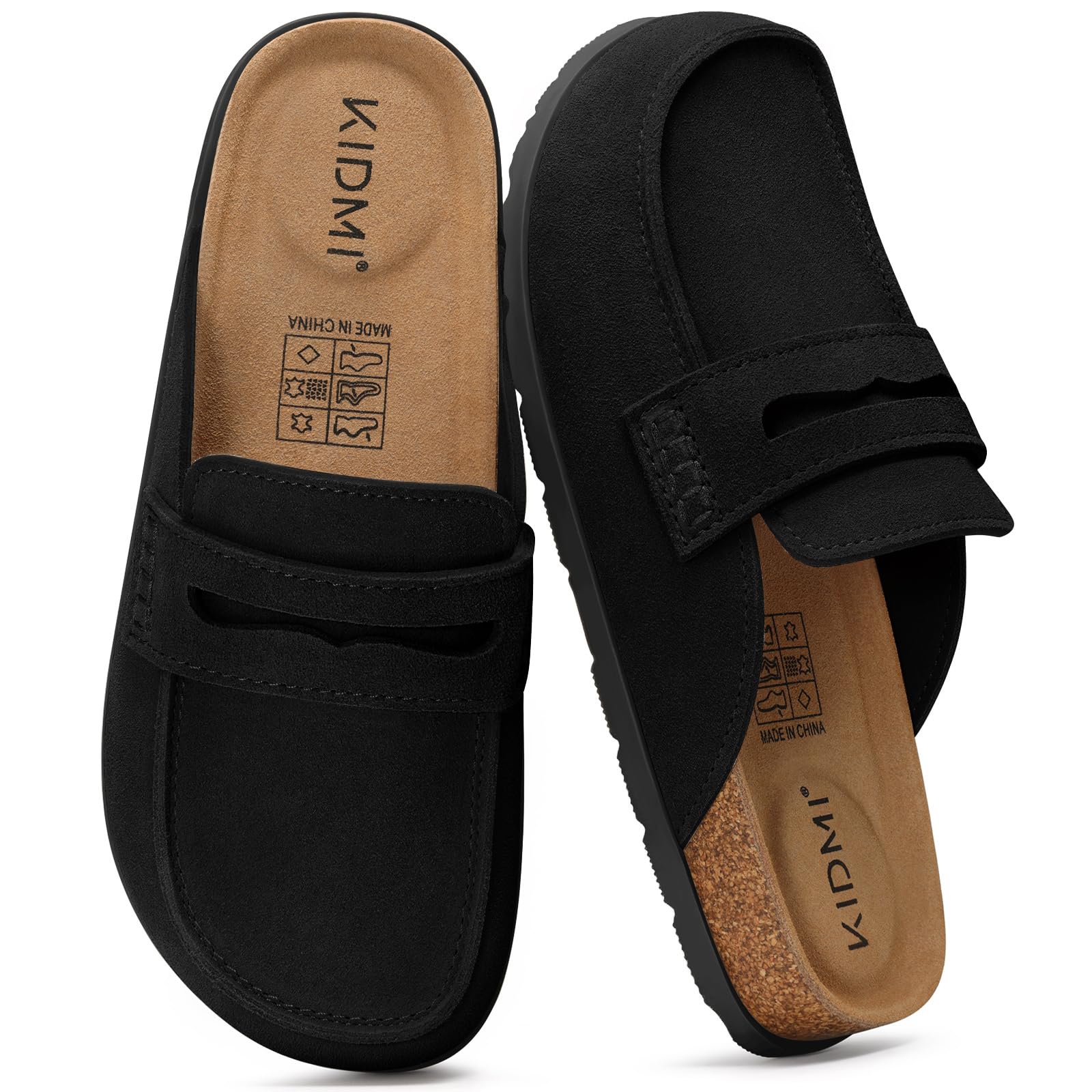 KIDMI Women's Genuine Suede Loafer Style Clogs Mules, Black, Size 40
