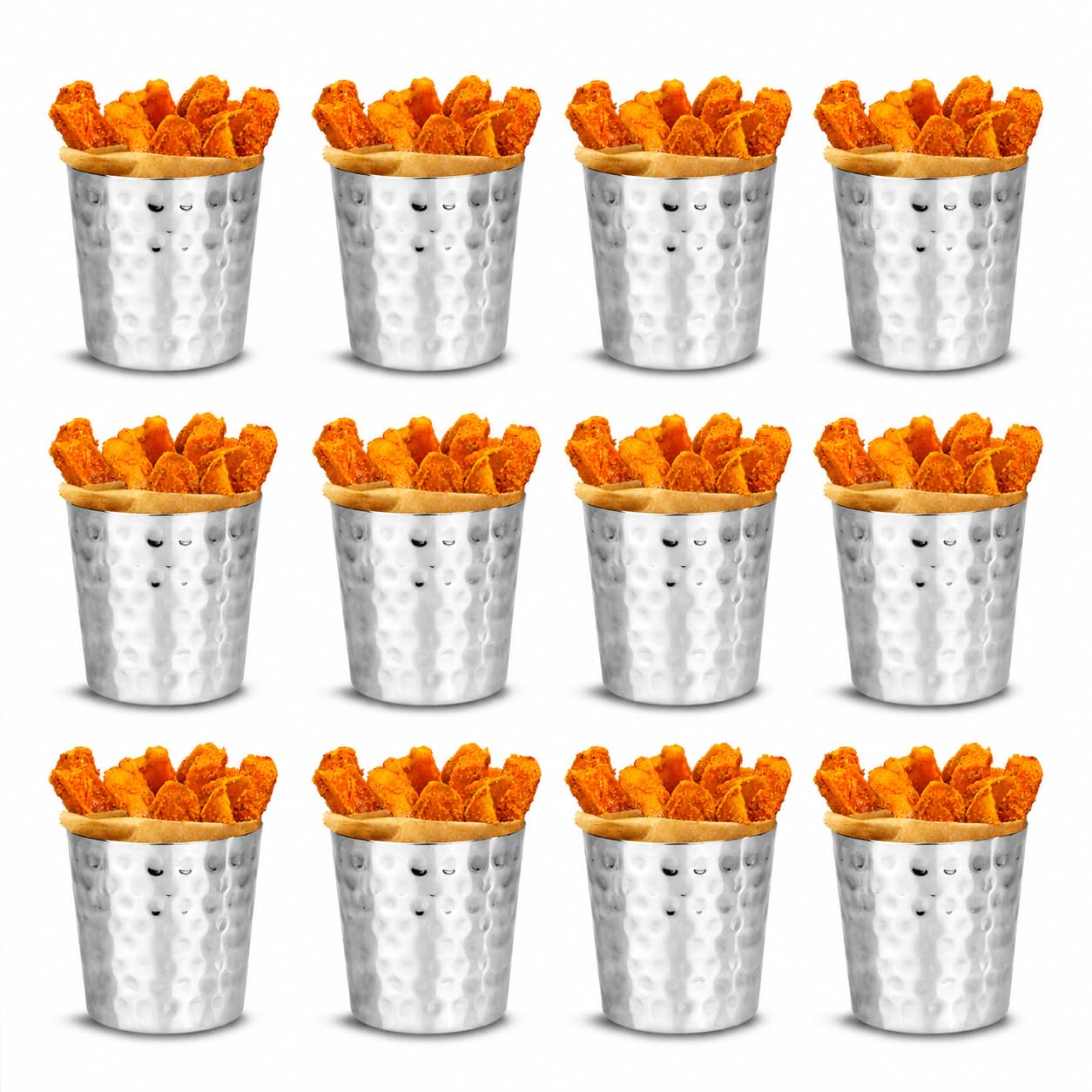 dine@drinkstuff Hammered Chip Cups (Pack of 12) - Stainless Steel Serving Cups - 8.5cm x 8.3cm - Ideal for Presenting Sides - Dishwasher Safe - Used in Pubs & Restaurants Nationwide