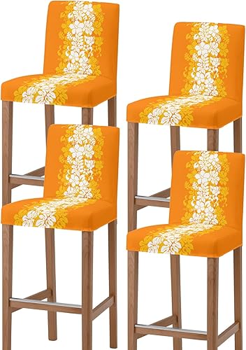 Juego de 4 fundas para taburetes de bar con diseño floral de primavera, diseño floral de verano, diseño botánico naranja, elástica, extraíble,