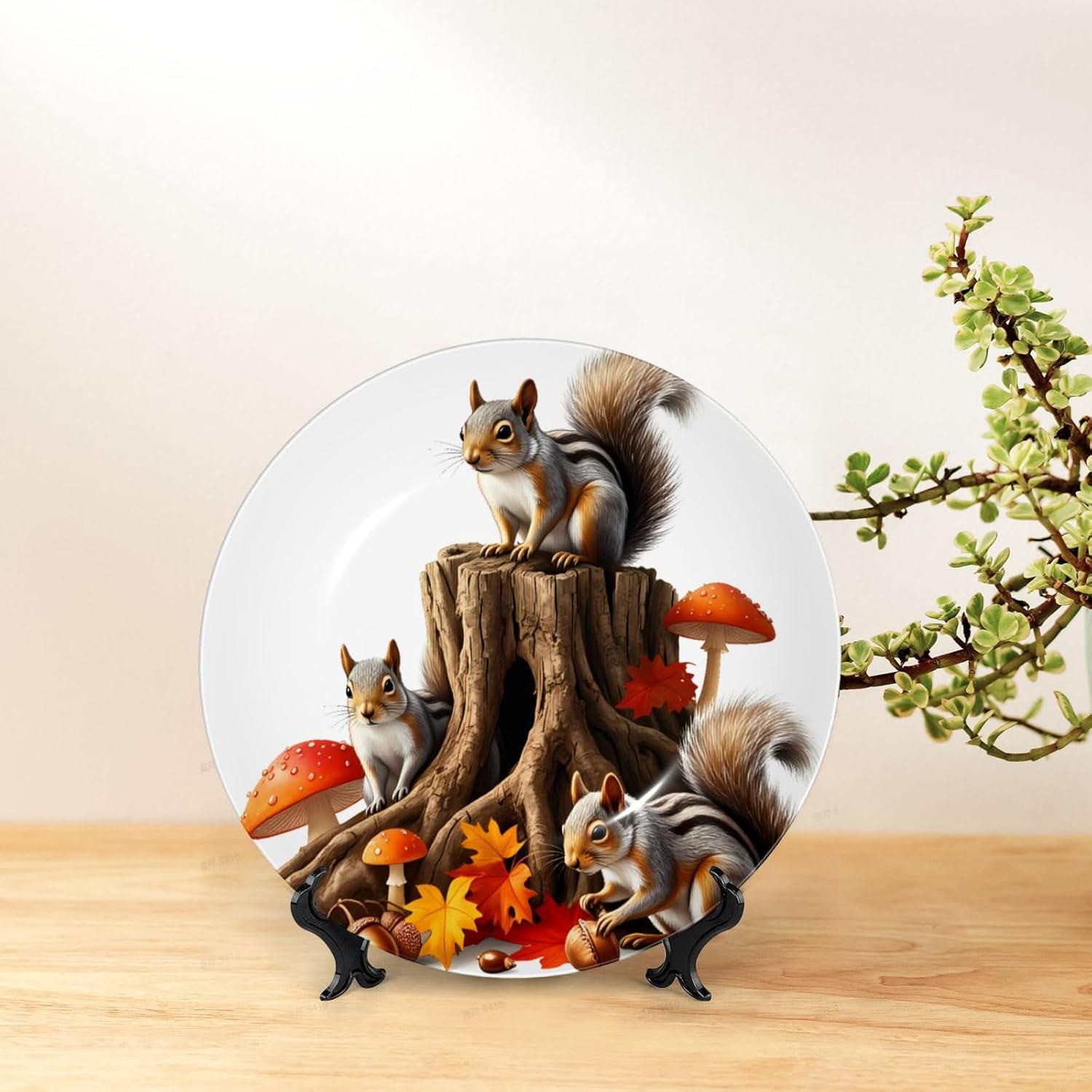 Autumn Squirrel Trio Style Ceramic Plate Display Decorative Plate With Stand Wall Hanging Plate For Home Decor 10 Inch