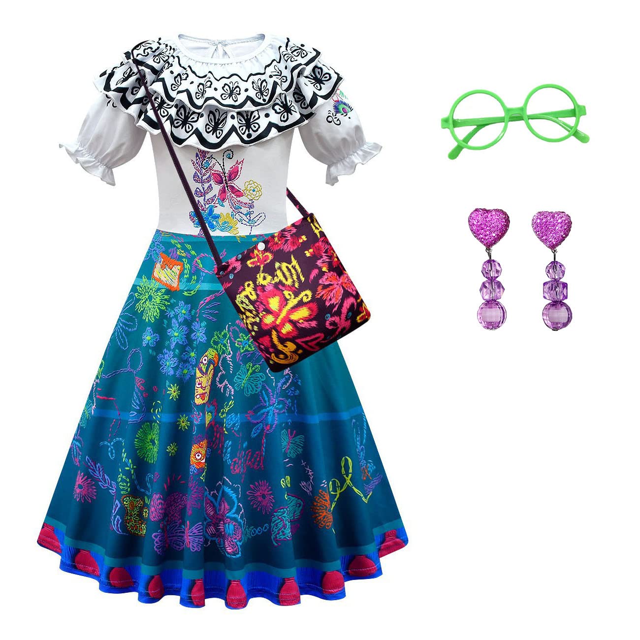 Yipkorra Mirabel Dress For Girls Encanto Isabela Cosplay Costume Halloween Princess Dress Up With Accessories (110（3-4Years）, Mirabel)