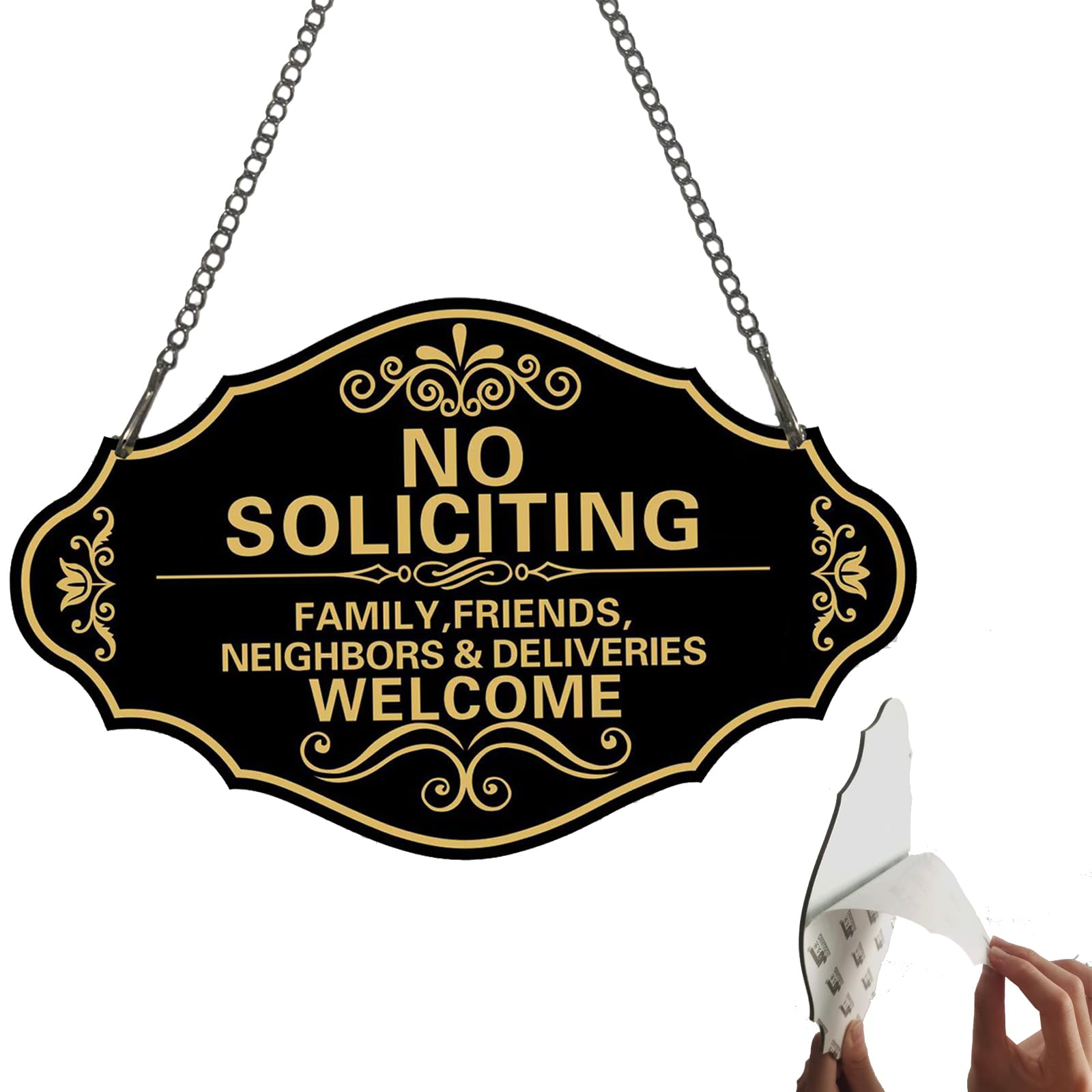 BSTIONYI No Soliciting Sign - Family & Neighbors Welcome, Thick Acrylic Self-Adhesive Funny Sign with Chain for Home, Office, Store Wall Decor (Black