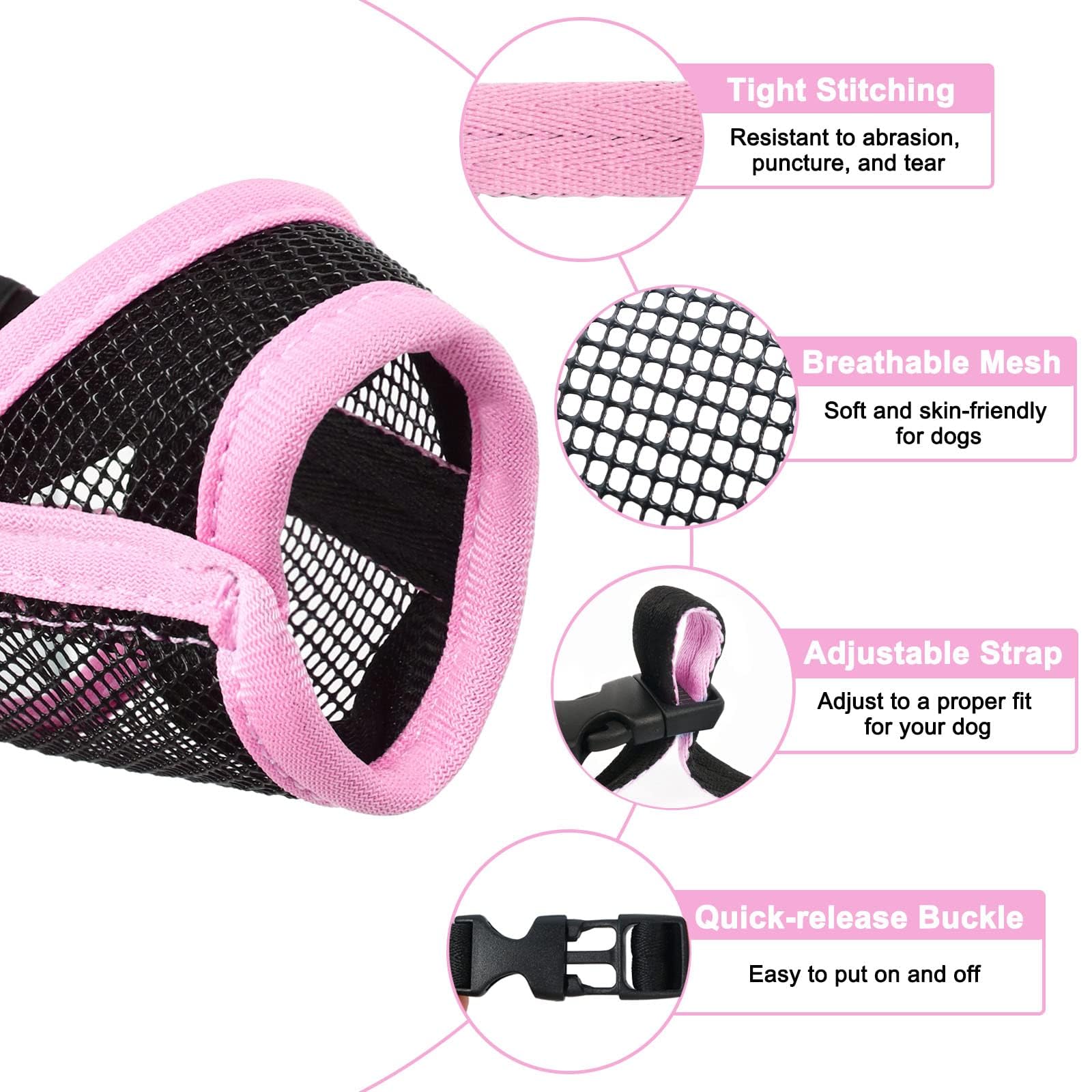 LUCKYPAW Bozal para perro, bozal de malla para perros pequeños y medianos, cubierta bucal suave para evitar mordeduras, protector bucal ajustable y transpirable para cachorros (rosa, S)