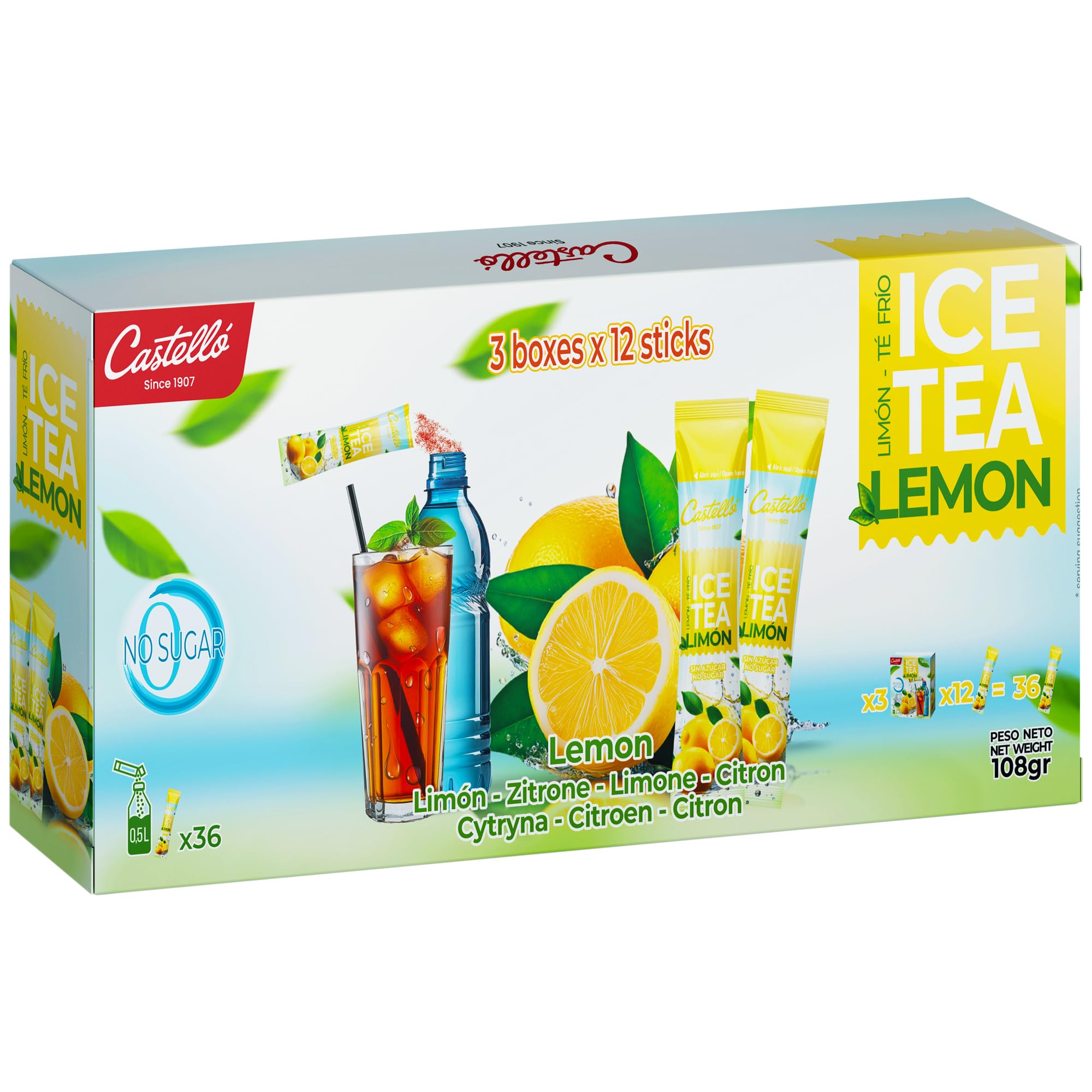 Castello since 1907 Mrożona Herbata | Cytryna | 36 Sztuk | Ice Tea - Iced Tea - Rozpuszczalna Zero w Saszetkach Zero Kalorii, Bez Cukru, Bez Aspartamu