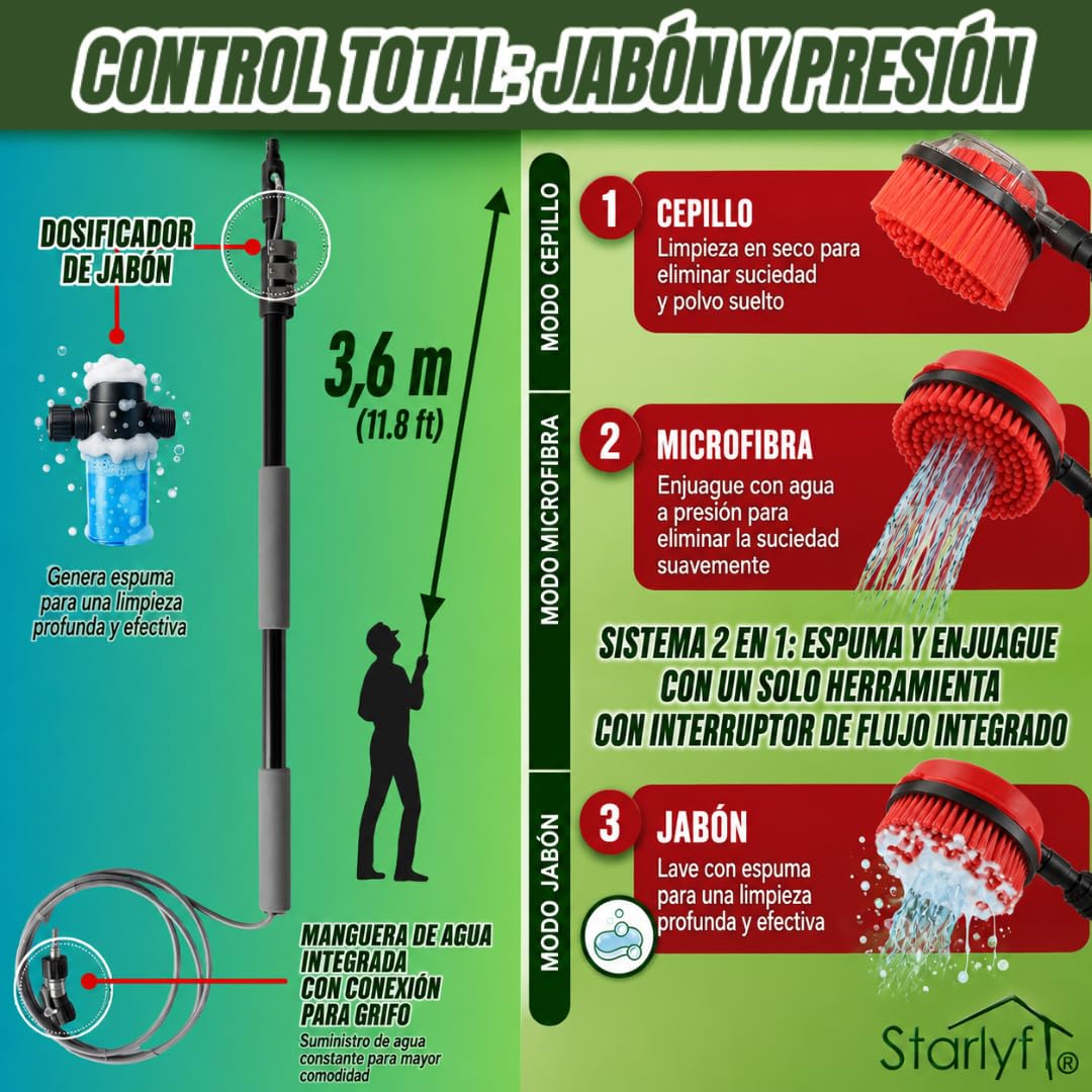 STARLYF Telescopic Rotating Scrubber - Cepillo de Limpieza Giratorio por Presión de Agua, Extensible hasta 3,6m - 2 Cabezales para Ventanas, Suelos, Coches, Embarcaciones