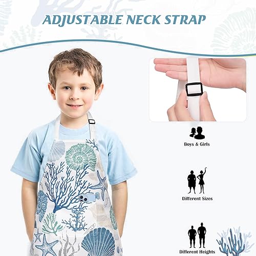 Miniatura 4 de FRAMICS Delantal infantil para cocinar, para niñas y niños, diseño de vida marina, bonito delantal con bolsillos, delantal impermeable azul océano