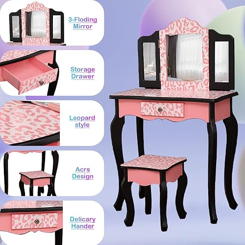 Miniatura 2 de BELANITAS Juego de mesa y silla para niños, juego de tocador para niños con espejo plegable y taburete, juego de tocador de maquillaje y taburete