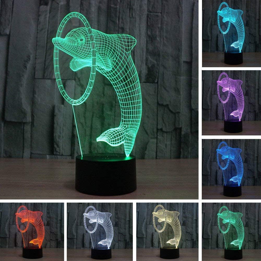 Photo 1 of 3D Illusion Dolphin LED Night Light Lamp,7 Colors Gradual Changing Touch Switch USB Table Lamp for Kids Gift or Home Decorations