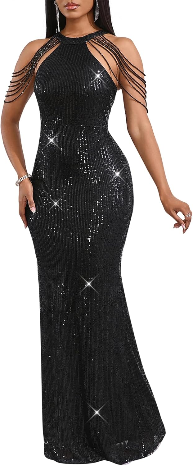 Cololura Women Sexy Elegant Sequin Tassel Off Shoulder Halter Bodycon Maxi Dress Party Evening Gown Formal Dress