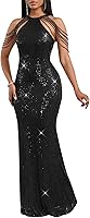 Cololura Women's Sexy Sequin Tassel Off-Shoulder Halter Bodycon Maxi Dress - Elegant Party Evening Formal Gown