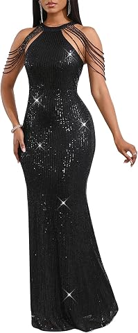Women Sequin Tassel Off Shoulder Halter Bodycon Maxi Dress Party Evening Gown