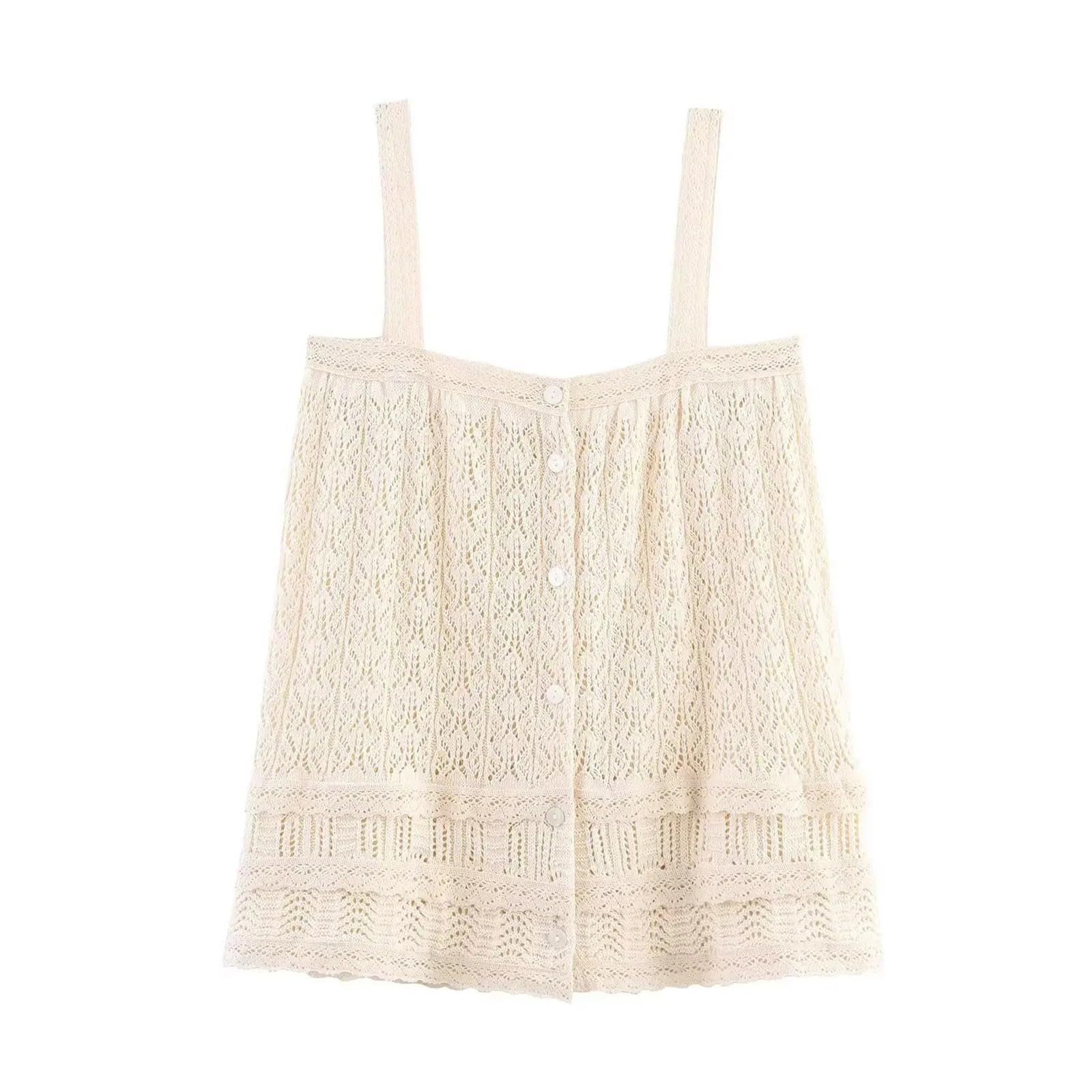 Maglia a Maglia con Scollo Quadrato, Decorazione in Pizzo e Cinturino in Jacquard, da Donna, Casual ed Estiva