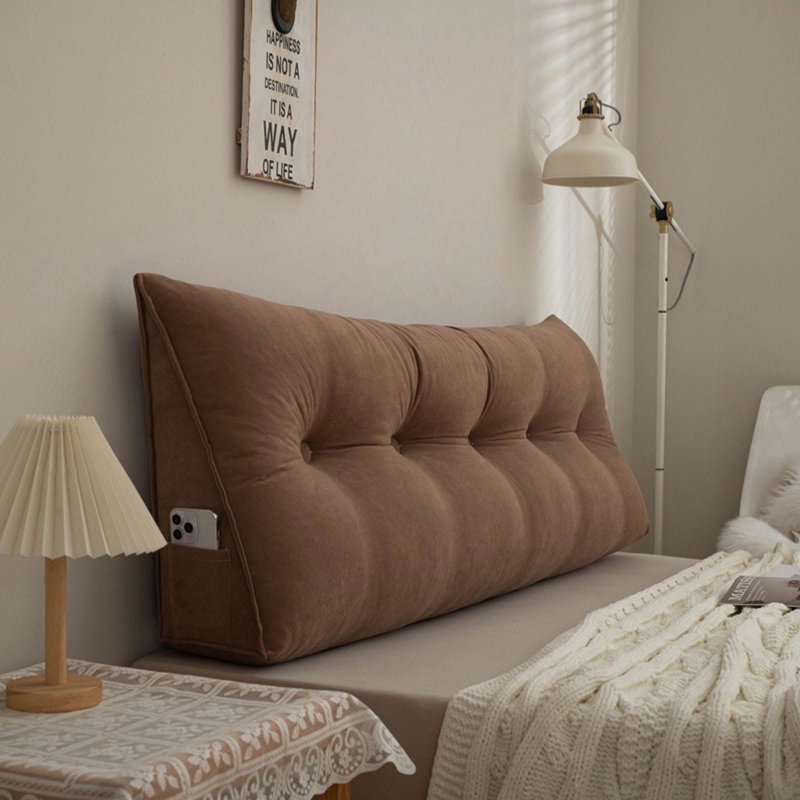 Coussin de tête de lit grand format avec traversin et poche latérale pour lecture