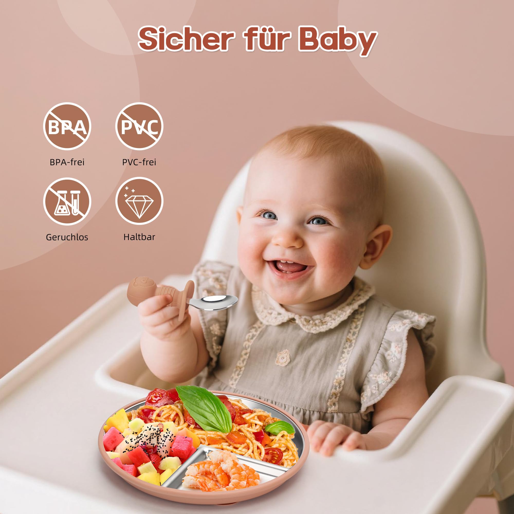 MOJINL 2er Edelstahl Babyteller mit Saugnapf, Kinderteller mit Unterteilung – Ansicht 6
