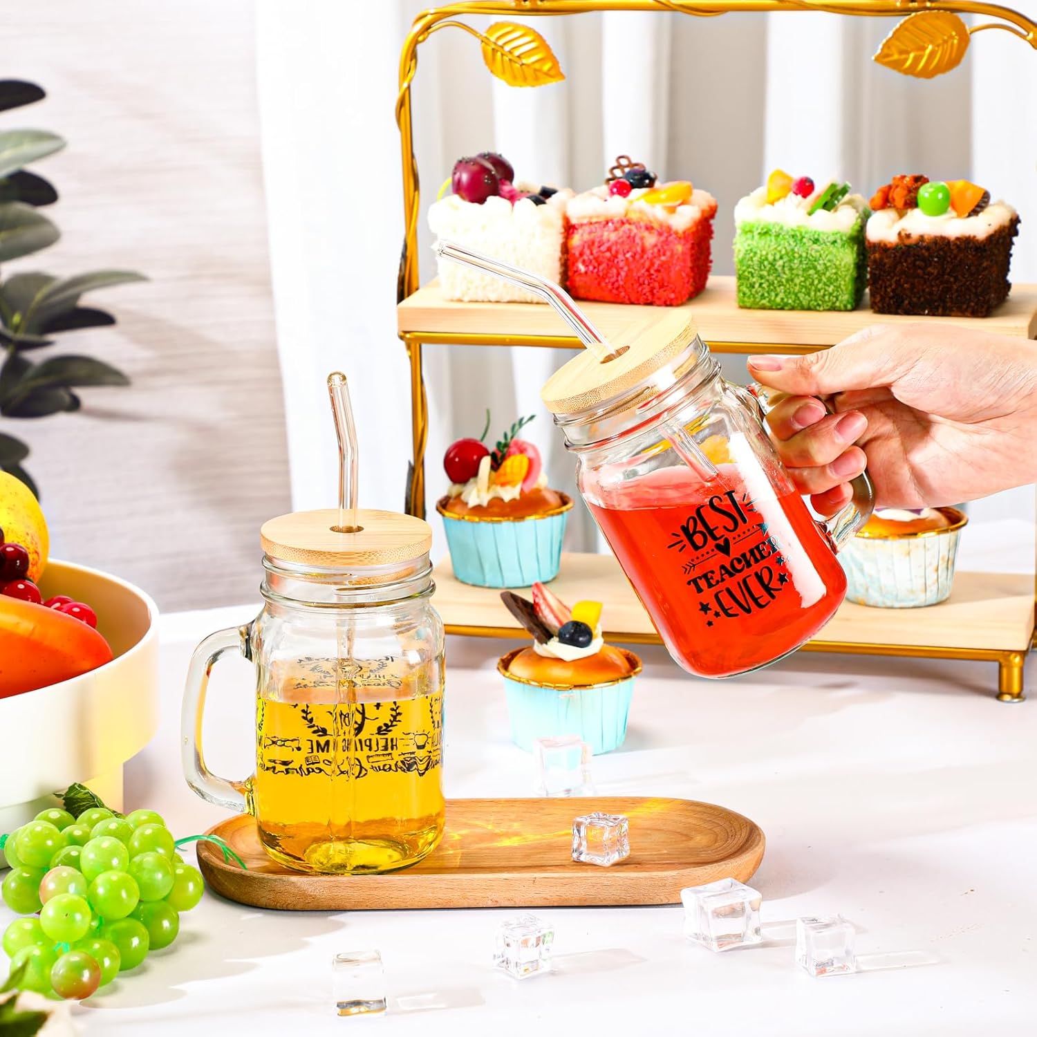 Nuogo 8 Pcs Teacher Glass Cup Teacher Appreciation Thank You Glass Cup Gifts 16 oz Mason Jars with Handle Bamboo Lids and Straw Cup Gift Set Teacher Tumbler Bulk Glass Jar Tumbler Mug Back to School
