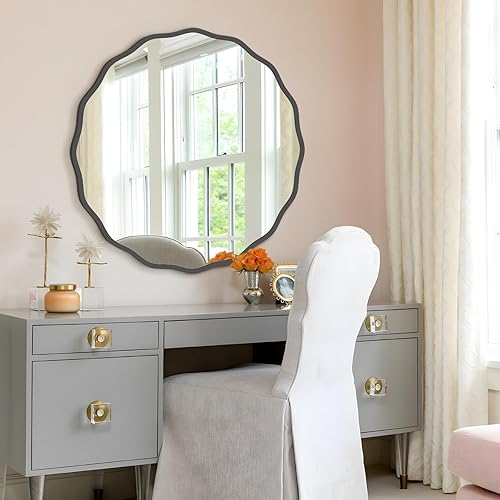 Miniatura 46 de Espejo redondo decorativo para pared de 28 pulgadas, moderno espejo ondulado dorado con marco de madera, espejo de pared circular para baño