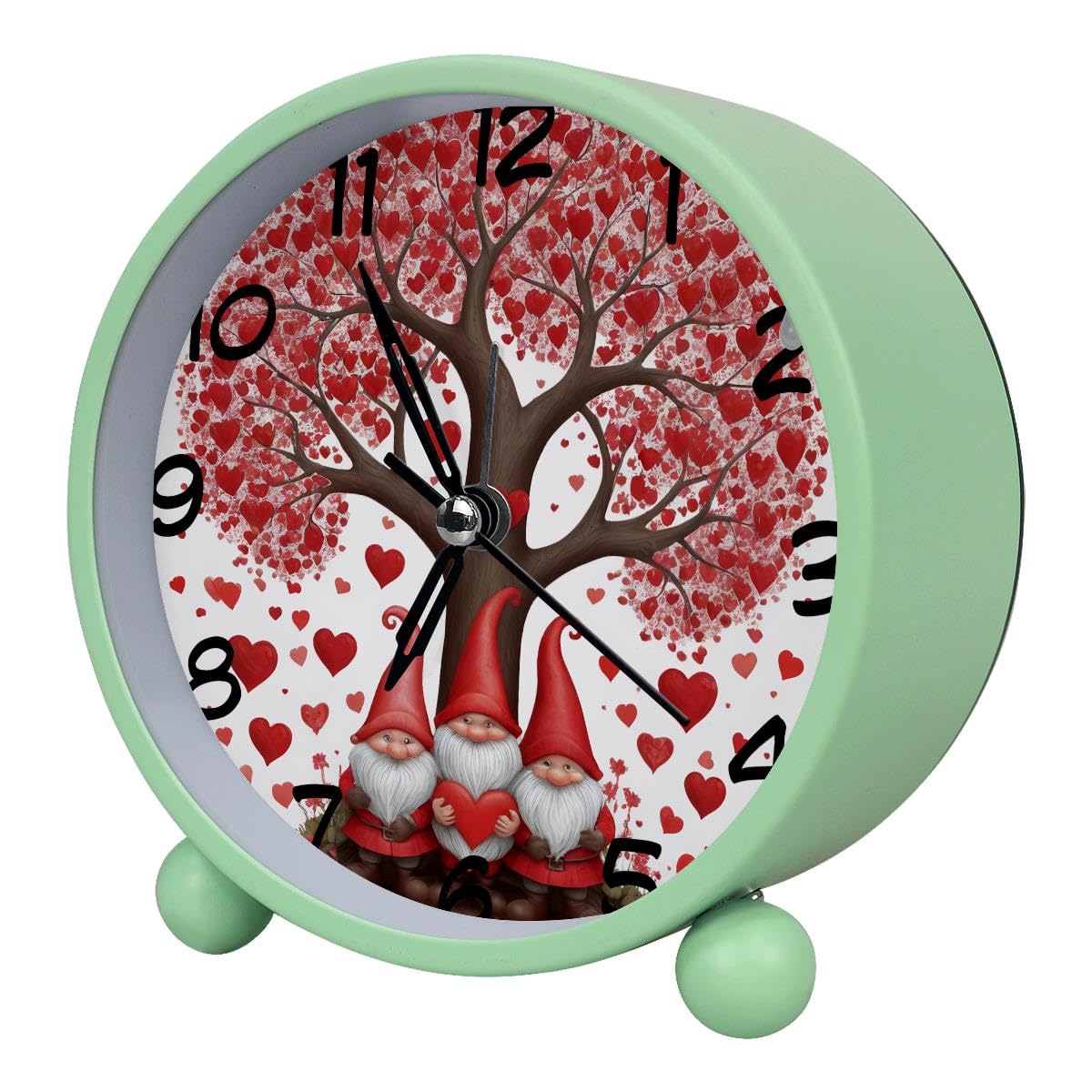 Luoweisi Analog Alarm Clock Gnomes Red Heart Tree, Silent Non-Ticking with Night Light, Battery Operated, Round Desk Alarm Clock for Office, Bedroom, Elderly, Adults, Children, Student Gifts